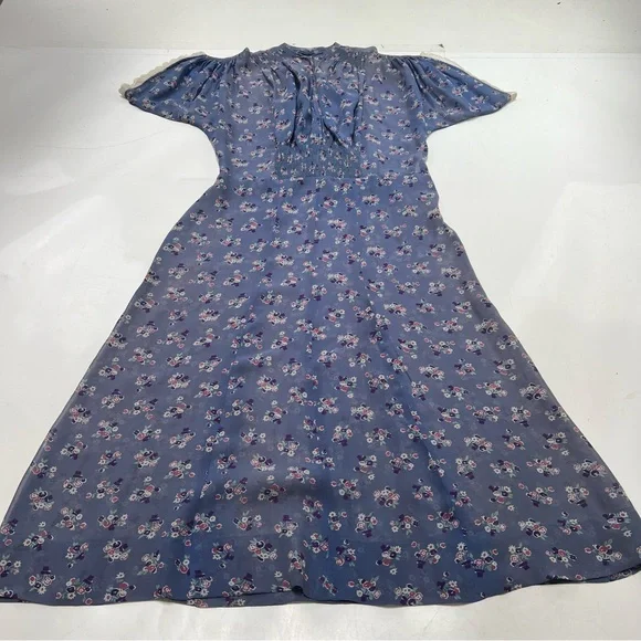 Vintage 70s women’s blue floral silk dress S/M L113-29 - Picture 5 of 5